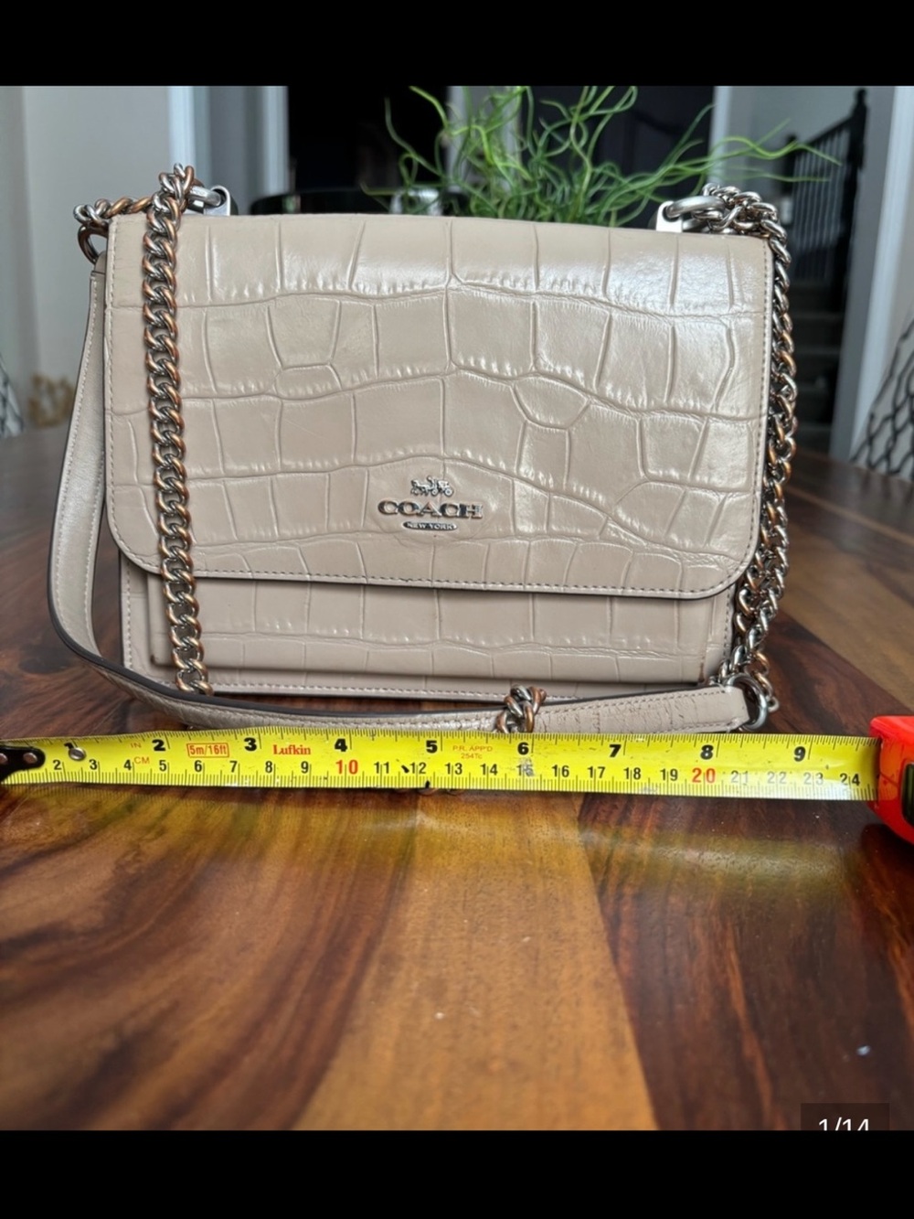 Coach Croc-Embossed Shoulder Bag in Light Beige with chain tarnishing as per pic